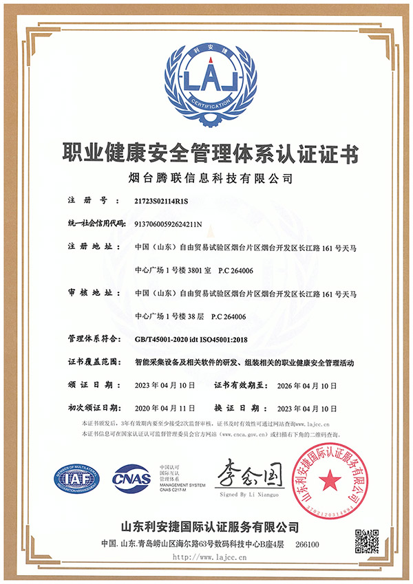 职业健康安全治理系统认证证书